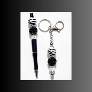 The "Beaded Beauty Pen & Keychain Collection" - Black/White Zebra print